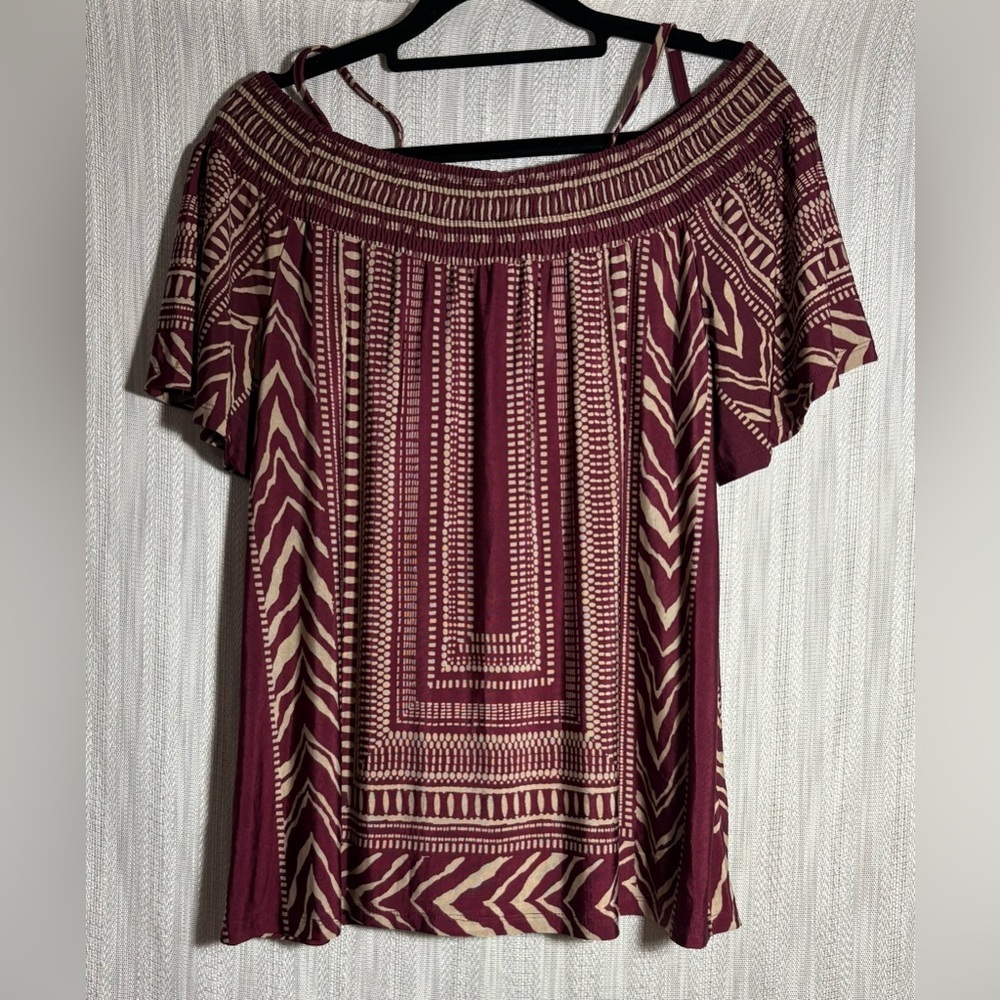 Mine Tribal Print Off-Shoulder Blouse - Burgundy and Cream
